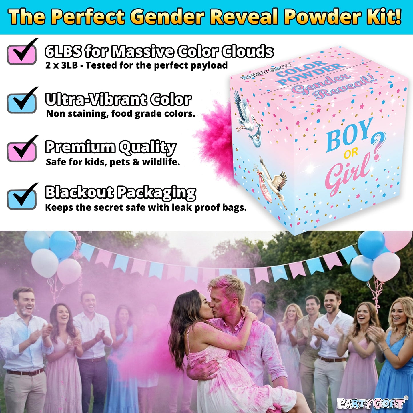 Gender Reveal Pulver - 2,72 kg lebendiges blaues oder rosa Pulver in Blackout-Taschen