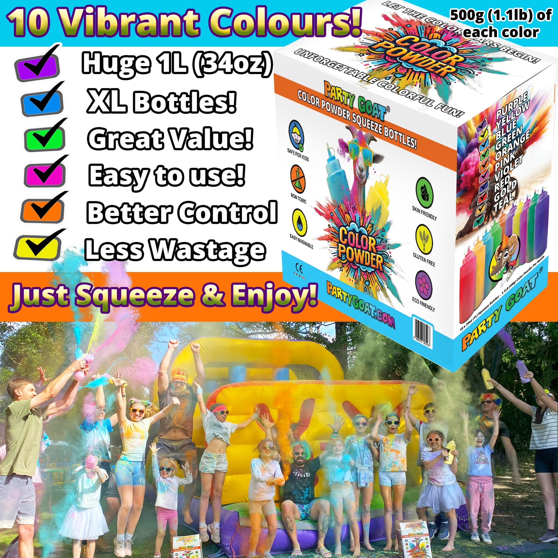Farblauf-Pulverpressflaschen. Extra große 964 g Farbblaster für Color Wars. jeweils 0,5 kg, Packung von 10