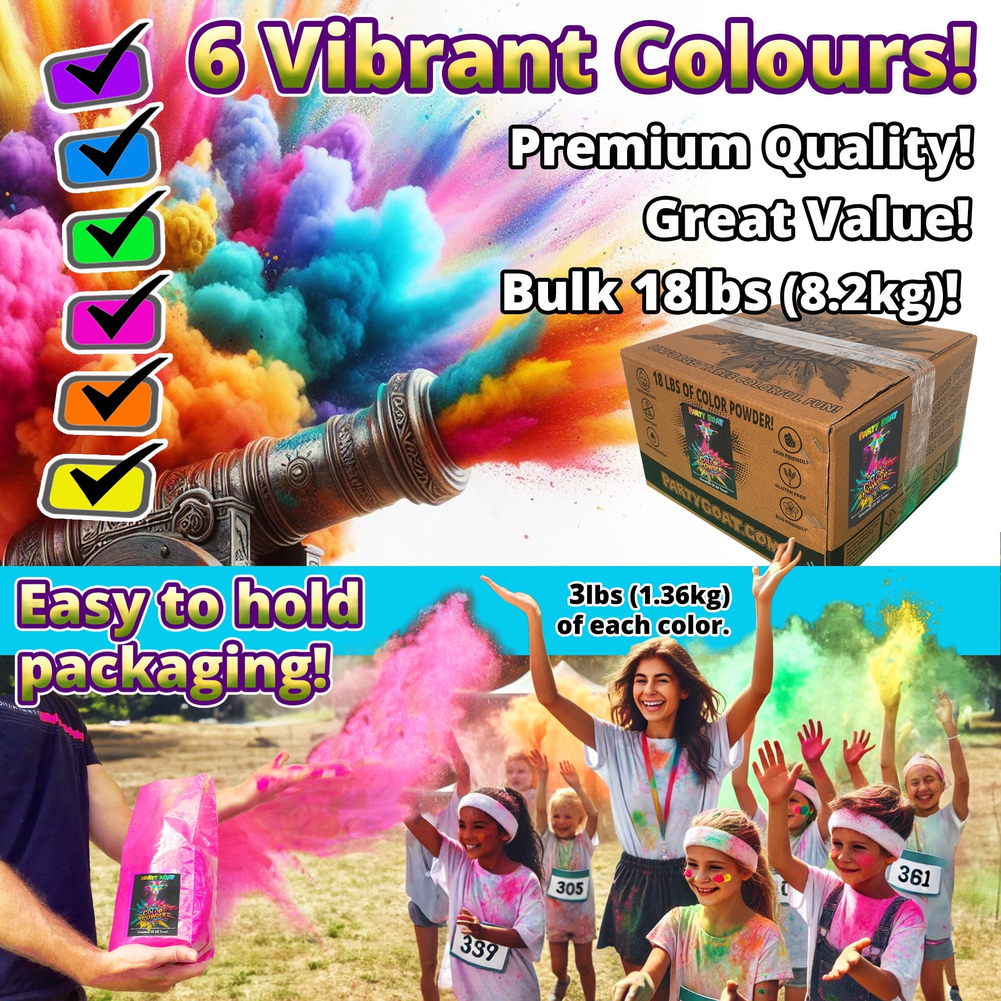 HOLI COLOR POWDER: 6 Color Packung! 8,16 kg (8,16kg) für Color Runs und Color Wars