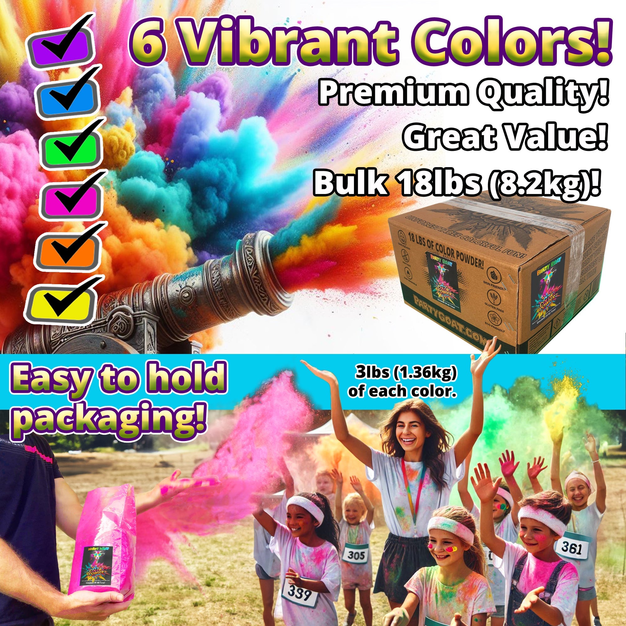 HOLI COLOR POWDER: 6 Color Packung! 8,16 kg (8,16kg) für Color Runs und Color Wars