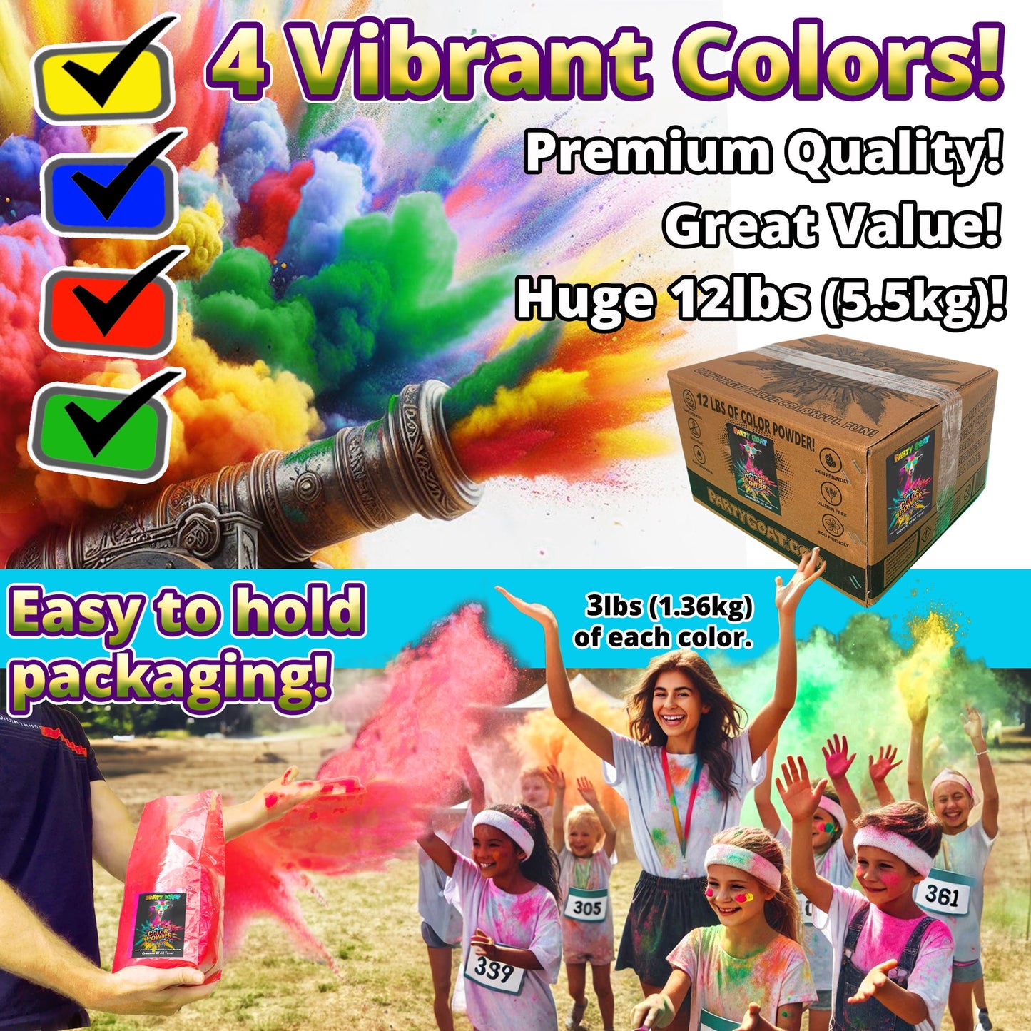KARZKRIEGPULVER: 4 Farbpaket! 5,44 kg (5,5kg) für Farbläufe & Partys