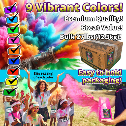 COLOR RUN POWDER: 9 Color Bulk Packung! 12,25 kg (12,3kg) für Color Wars & Events