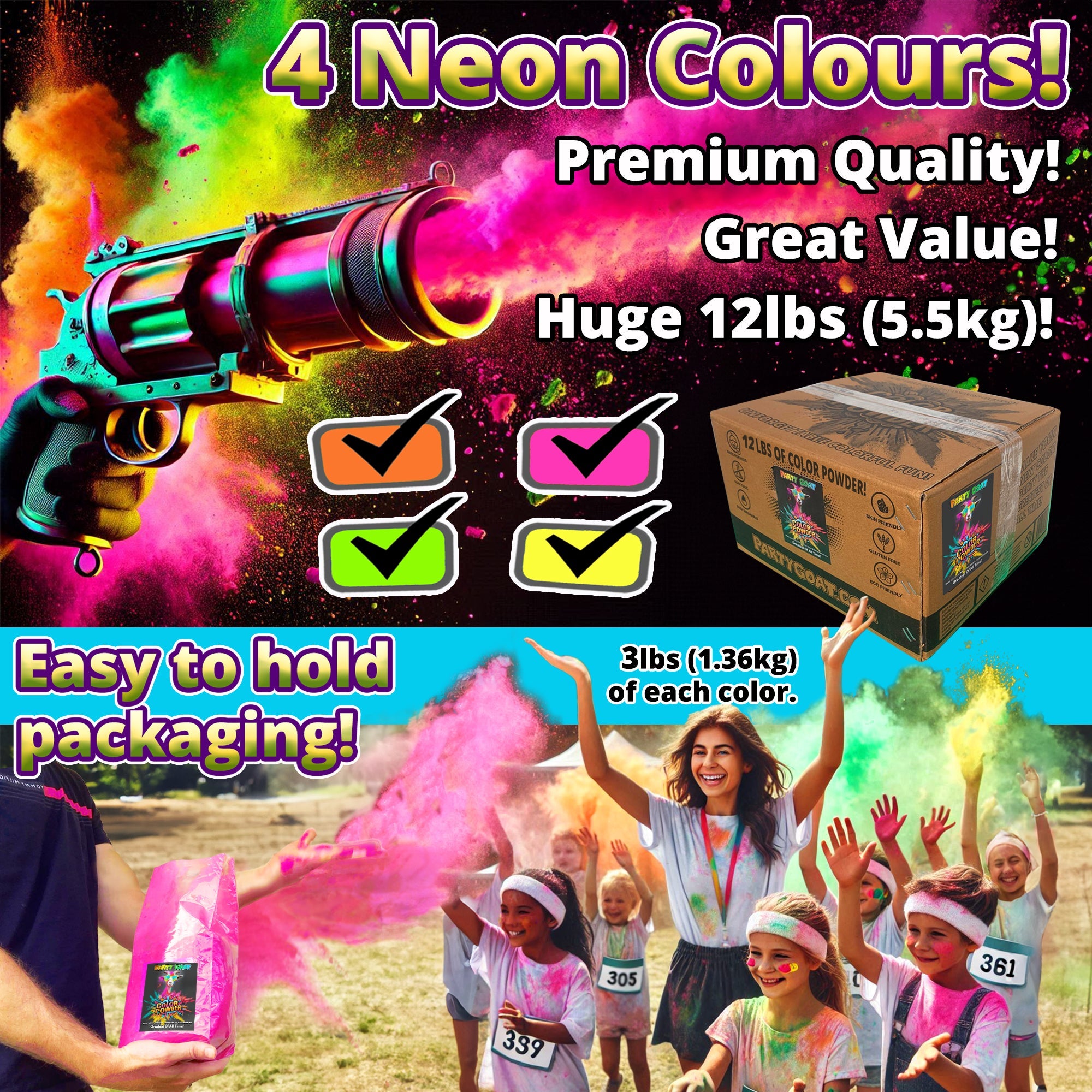 NEON COLOR POWDER: 4 Color Packung! 5,44 kg (5,5kg) für Color Runs & Glow Partys